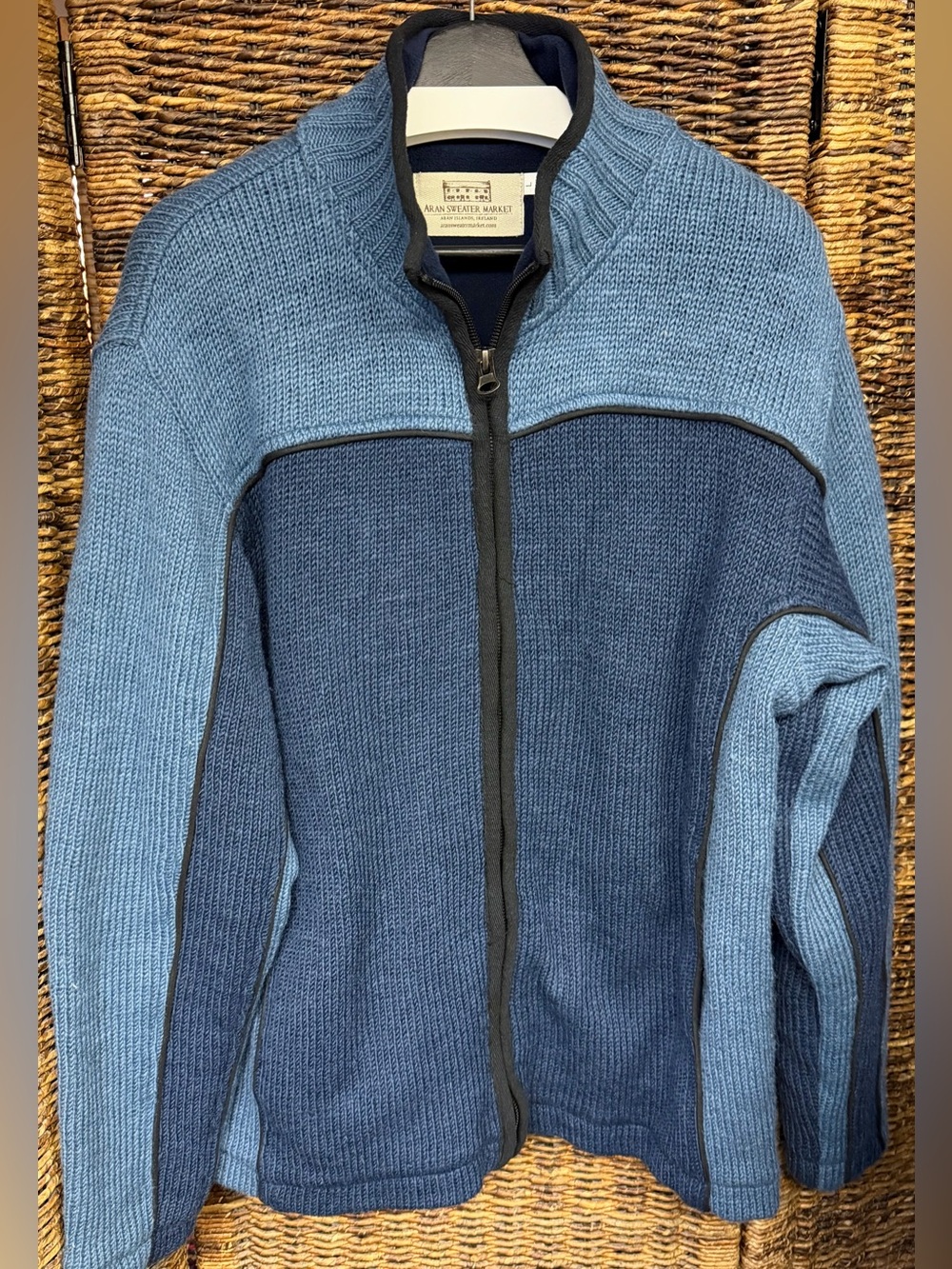 Aran Sweater Market-Men's Fleece Lined Two-Tone Blue Zip Wool Cardigan- Large